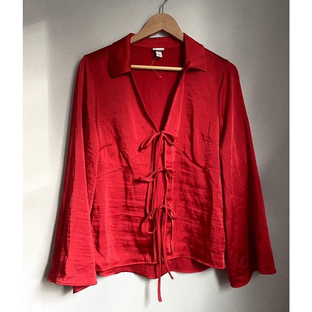 Silky Y2K Retro Red Tie Top Blouse Large Sleaze Slouchy Holiday Coquette‎ Glam